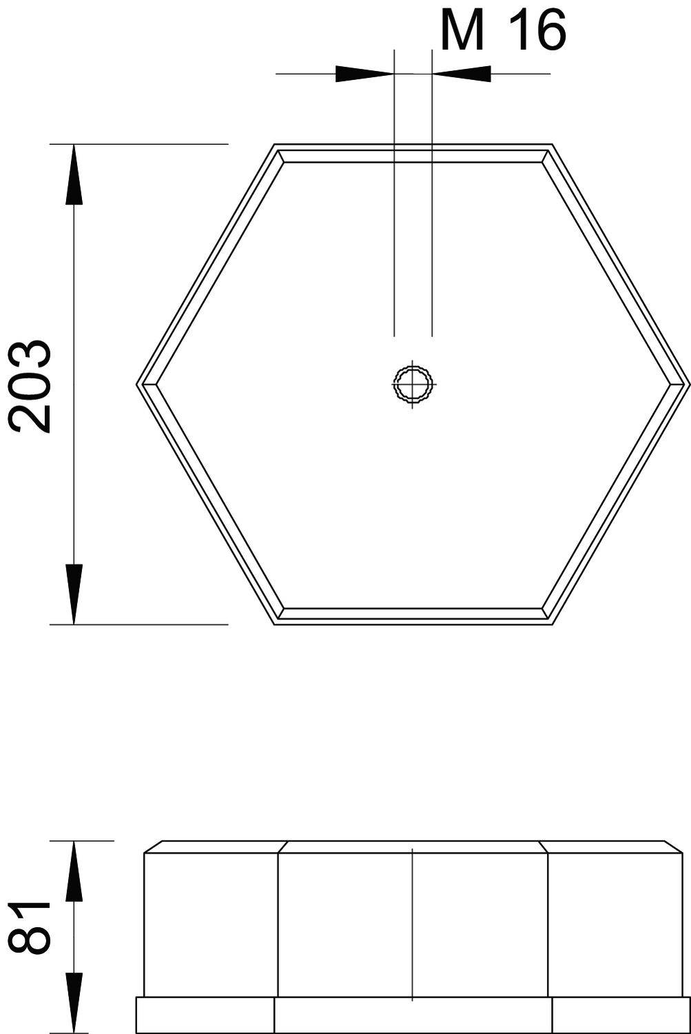 Sechseckige technische Zeichnung eines Bauteils mit den Maßen 203 mm und 81 mm Höhe, Bohrung mit Gewinde M16 in der Mitte.