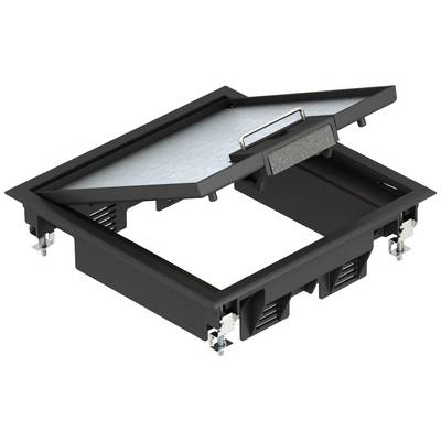 Schwarzer, quadratischer Kabelkanal mit geöffnetem Deckel und Metallgriff.