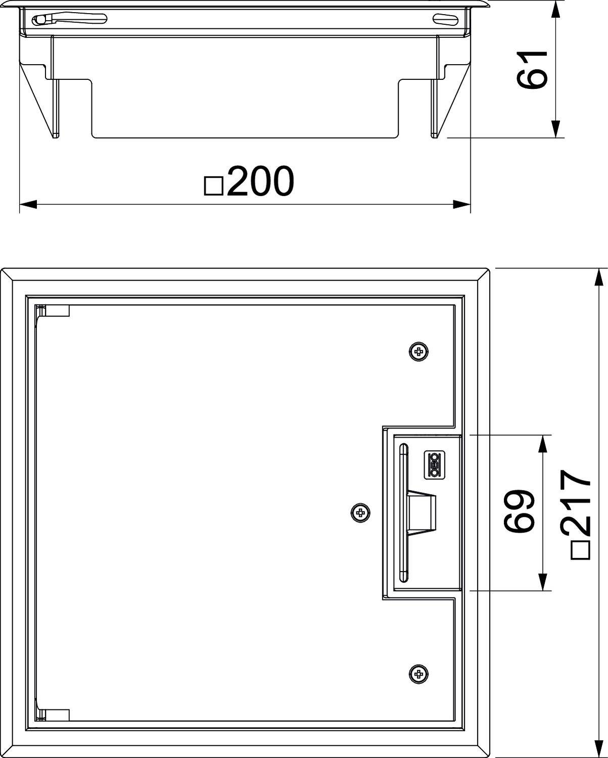 Technische Zeichnung eines Metallbauteils mit Abmessungen: 200 mm Breite, 217 mm Höhe, 61 mm Tiefe. Zeigt Vorder- und Seitenansicht.