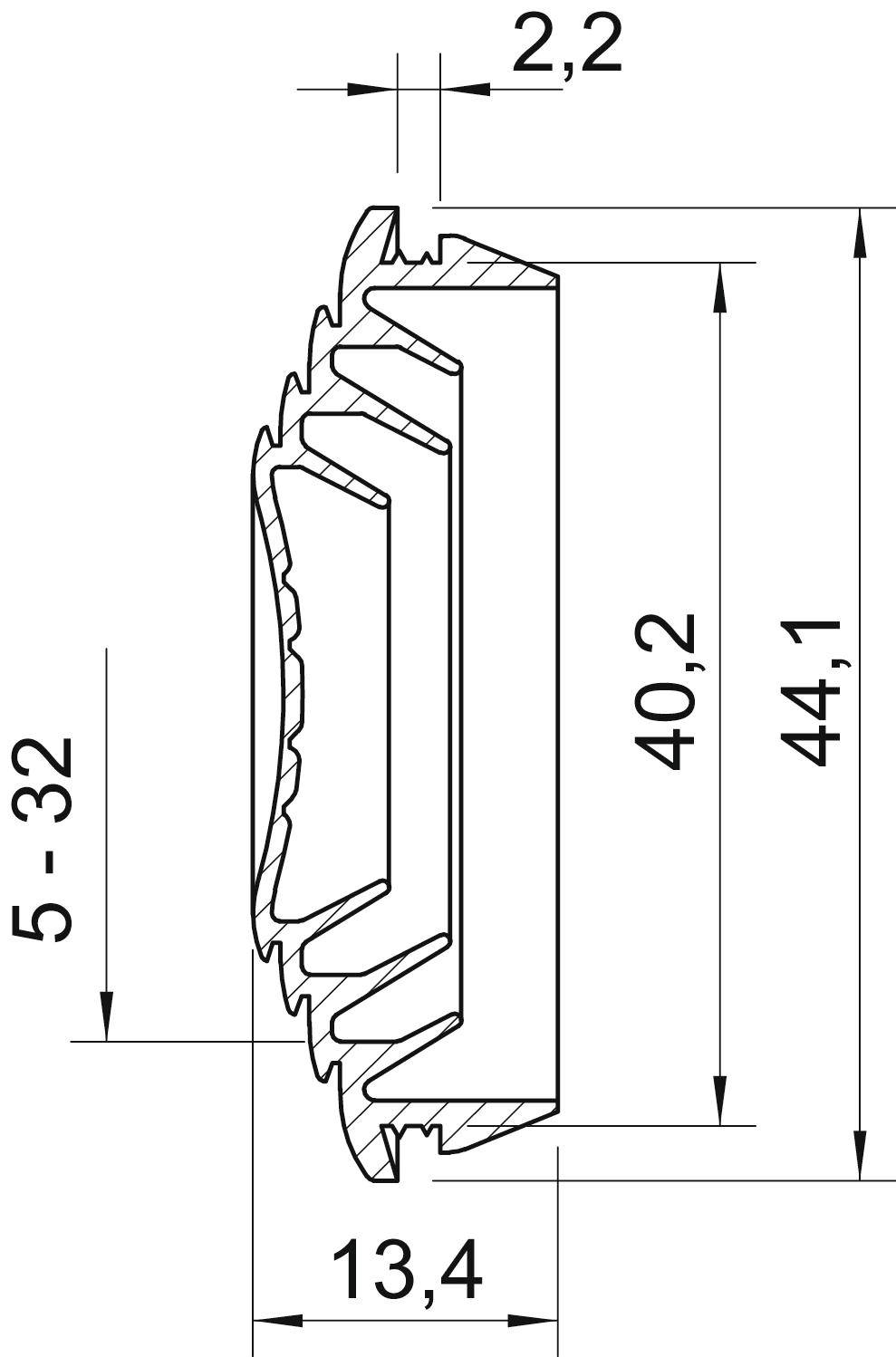 Technische Zeichnung eines Querschnitts durch ein mechanisches Teil. Maße: Außenhöhe 44,1 mm, Breite 40,2 mm, weitere Details markiert.