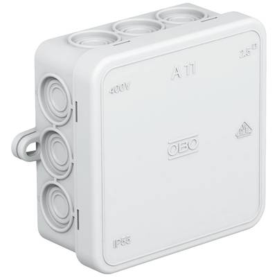 Ein quadratischer grauer Kabelverteilerkasten mit mehreren Anschlussöffnungen an den Seiten. Markierungen: '400V', 'A 11', 'IP55'.