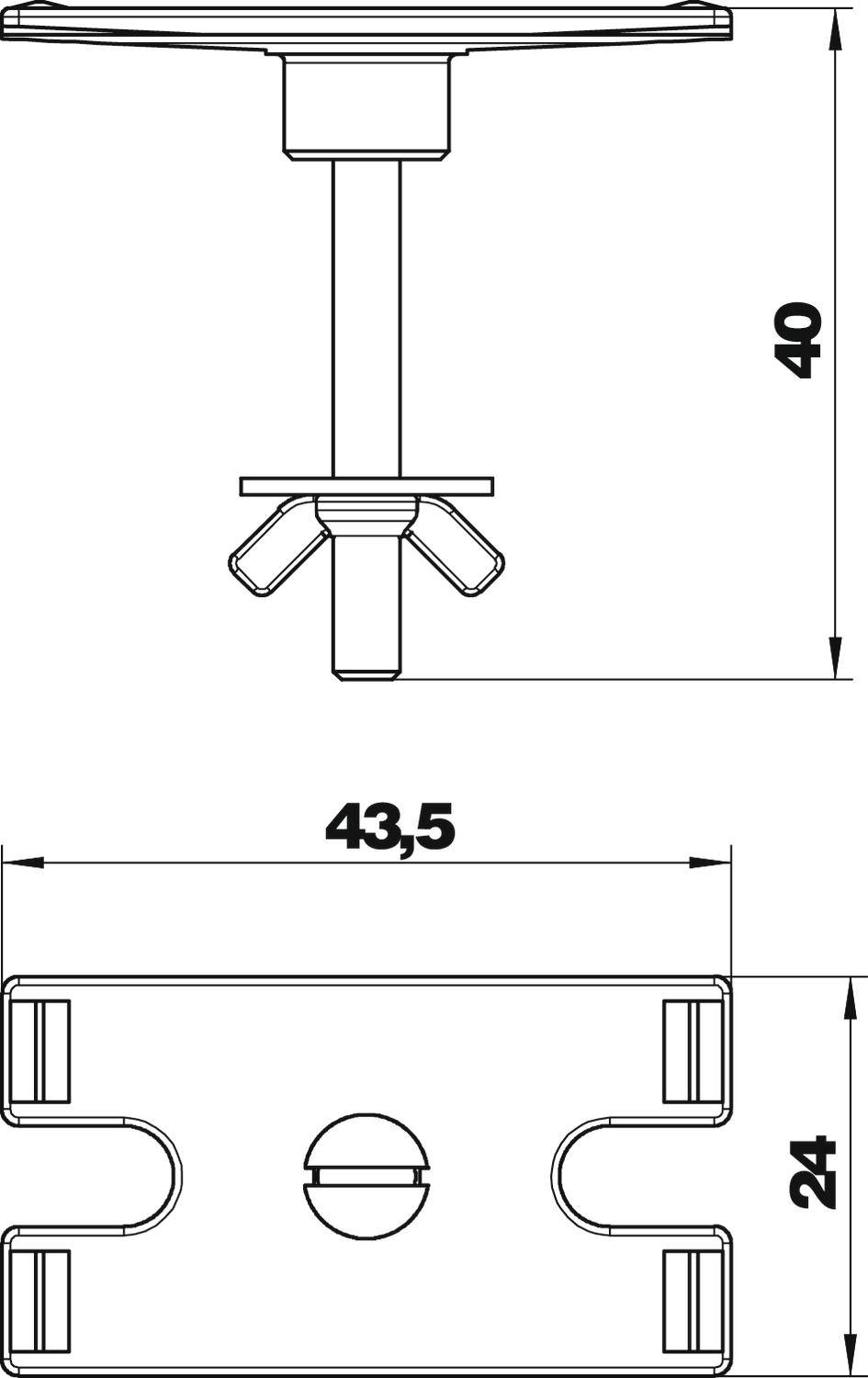 Technische Zeichnung eines Befestigungselements mit Abmessungen: Höhe 40 mm, Breite 43,5 mm, Tiefe 24 mm. Enthält Details des Designs.