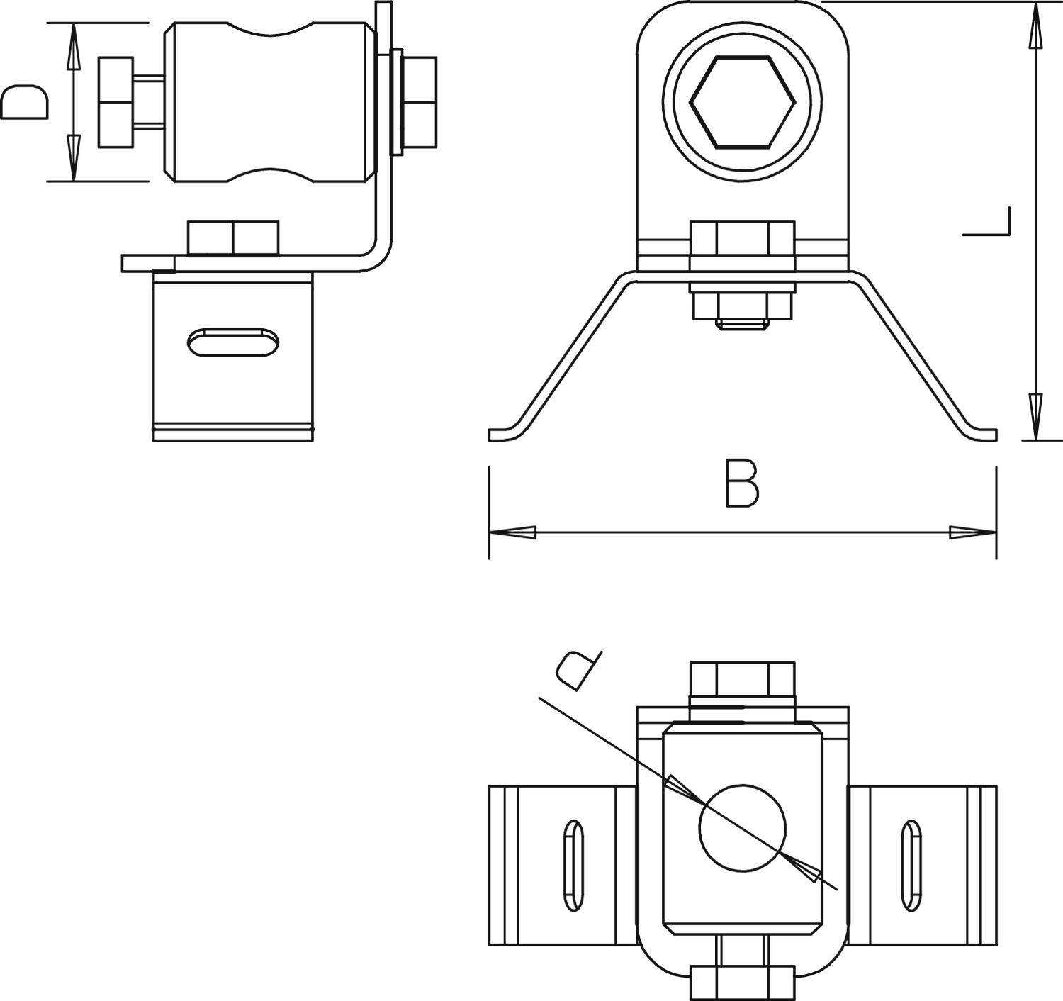 Technische Zeichnung eines Halters mit verschiedenen Ansichten: Seitenansicht mit Maßen, Vorderansicht mit Breite 'B', Oberansicht mit Winkel 'α'.