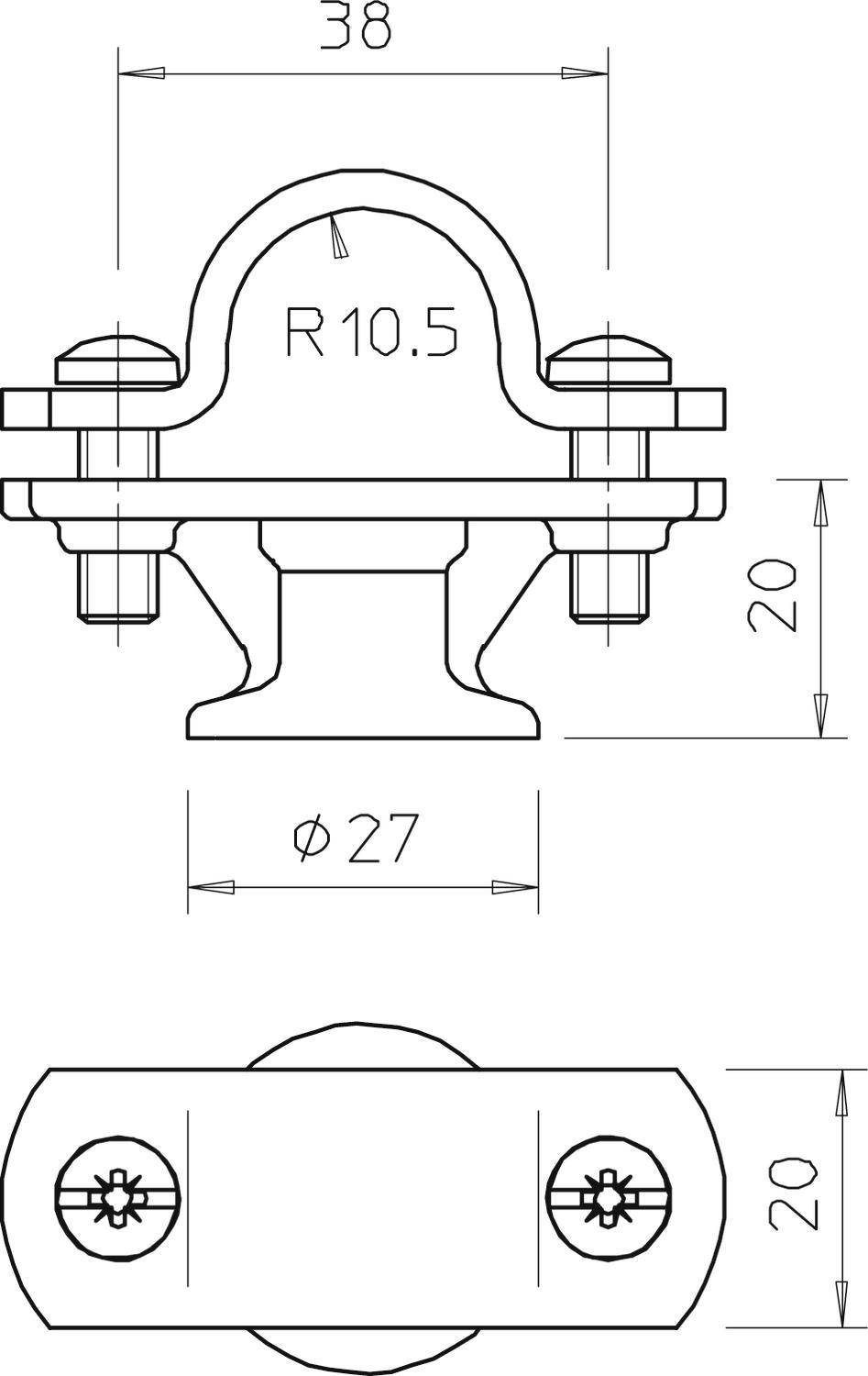 Technische Zeichnung eines Rohrschellenhalters mit Maßen: Breite 38 mm, Höhe 20 mm, Radius R10.5, Durchmesser 27 mm.