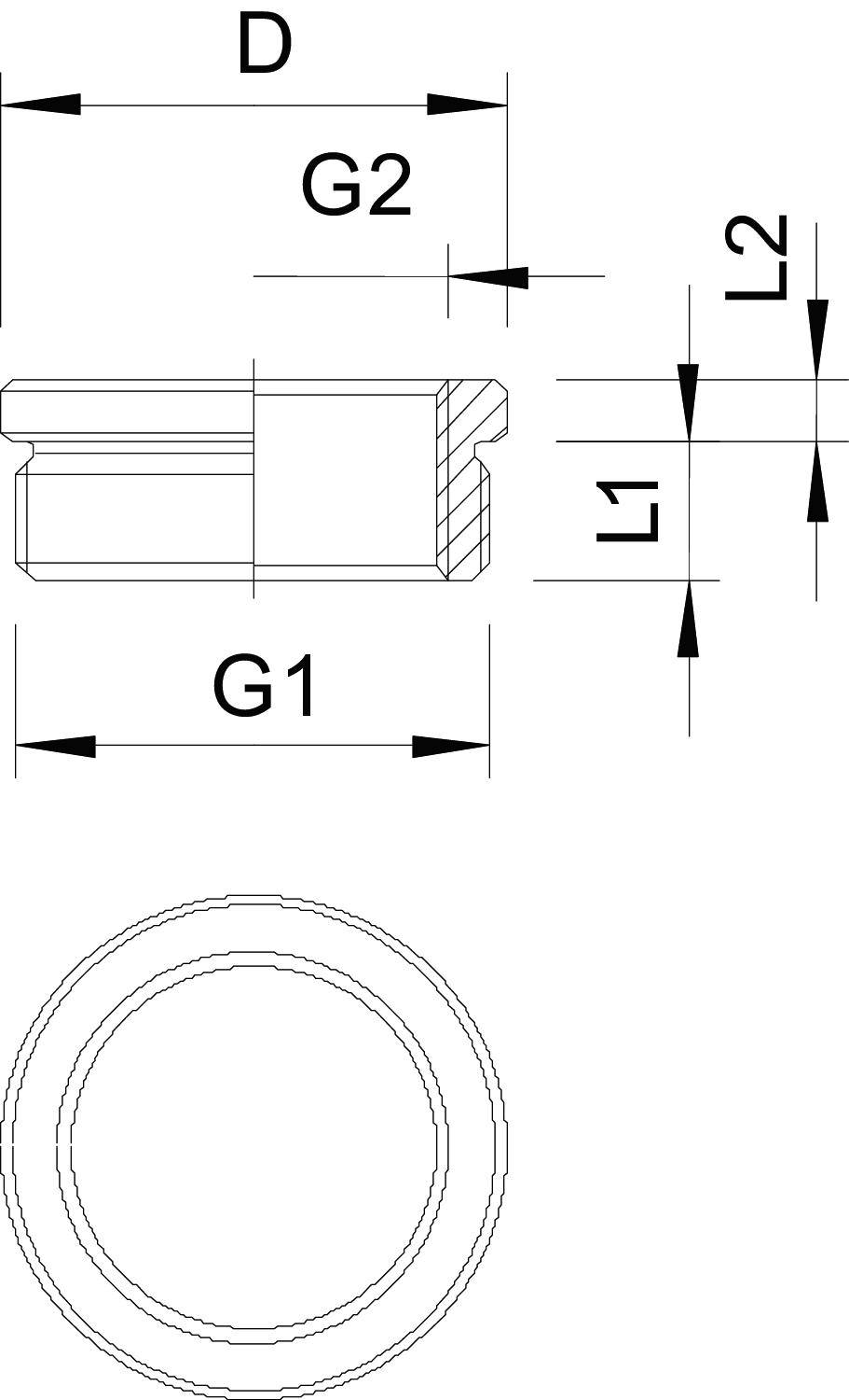 Technische Zeichnung eines zylindrischen Teils mit markierten Maßen: D, G1, G2, L1, L2. Seiten- und Draufsicht dargestellt.