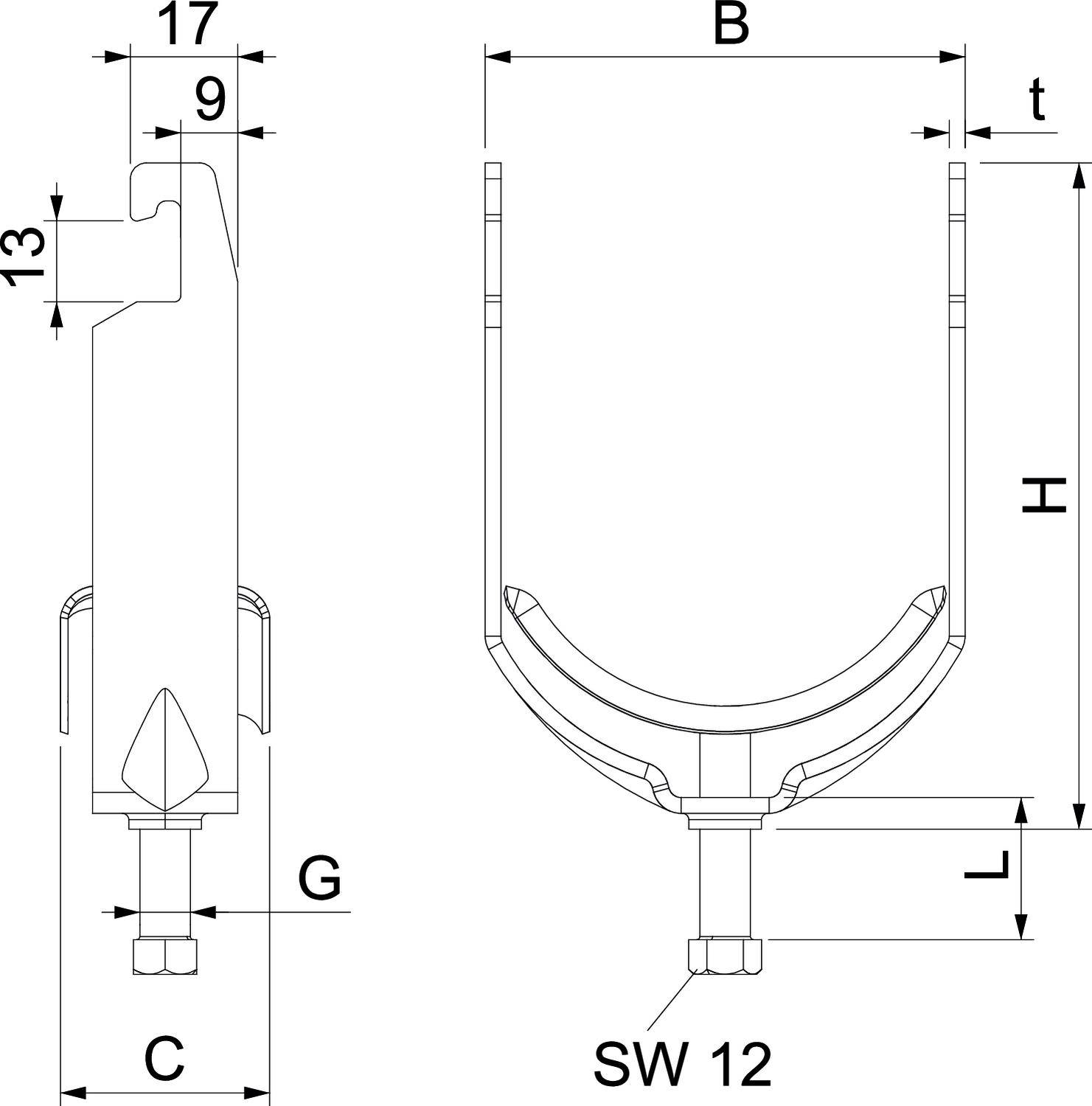 Technische Zeichnung eines U-förmigen Metallteils mit Maßen in Millimetern: Höhe 'H', Breite 'B', und andere Abmessungen gekennzeichnet.