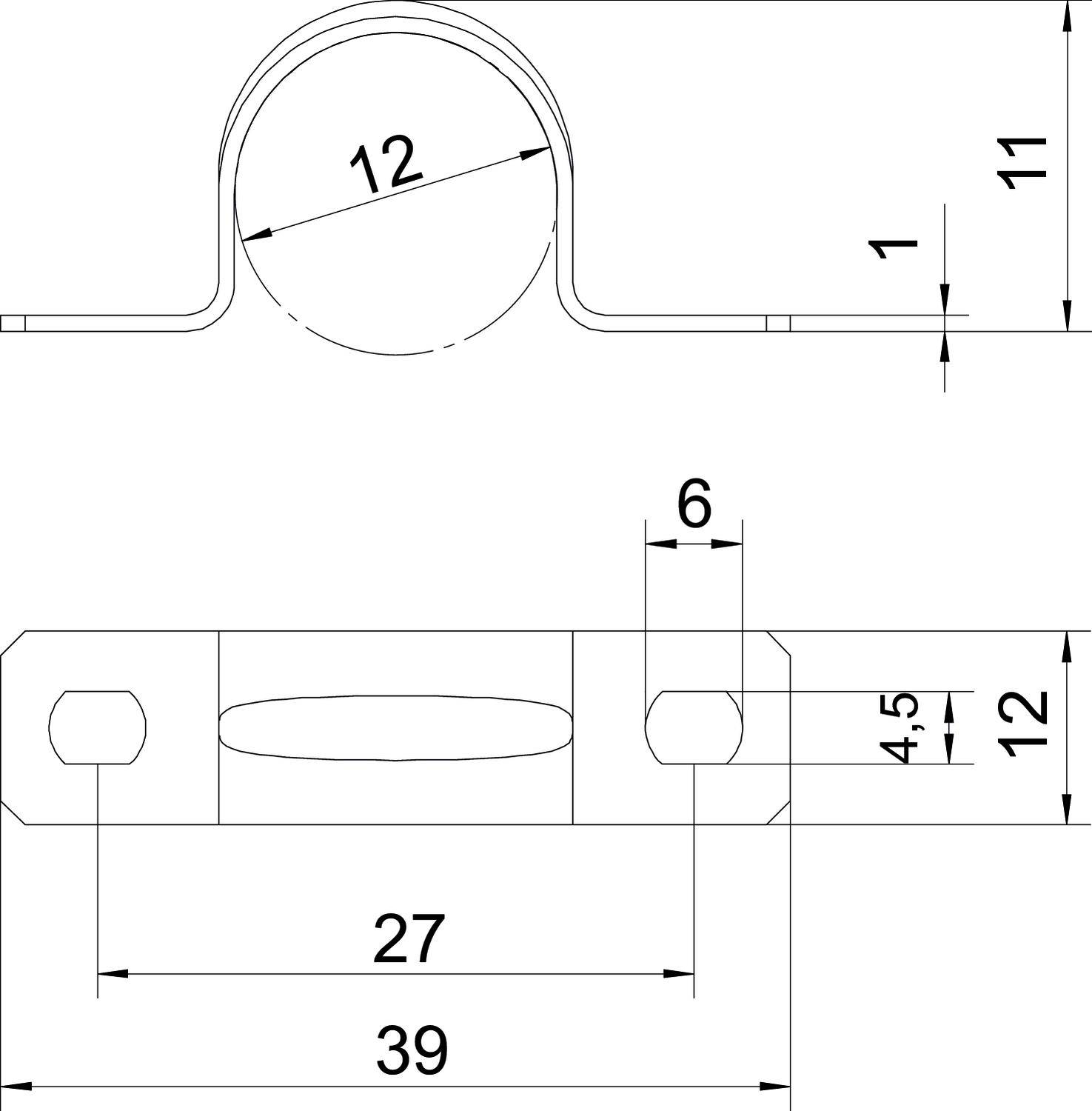 Technische Zeichnung eines Metallclips mit Abmessungen: Kreisdurchmesser 12, Höhe 12, 39 Breite, Schraubenlochbreite 6, Gesamthöhe 11.