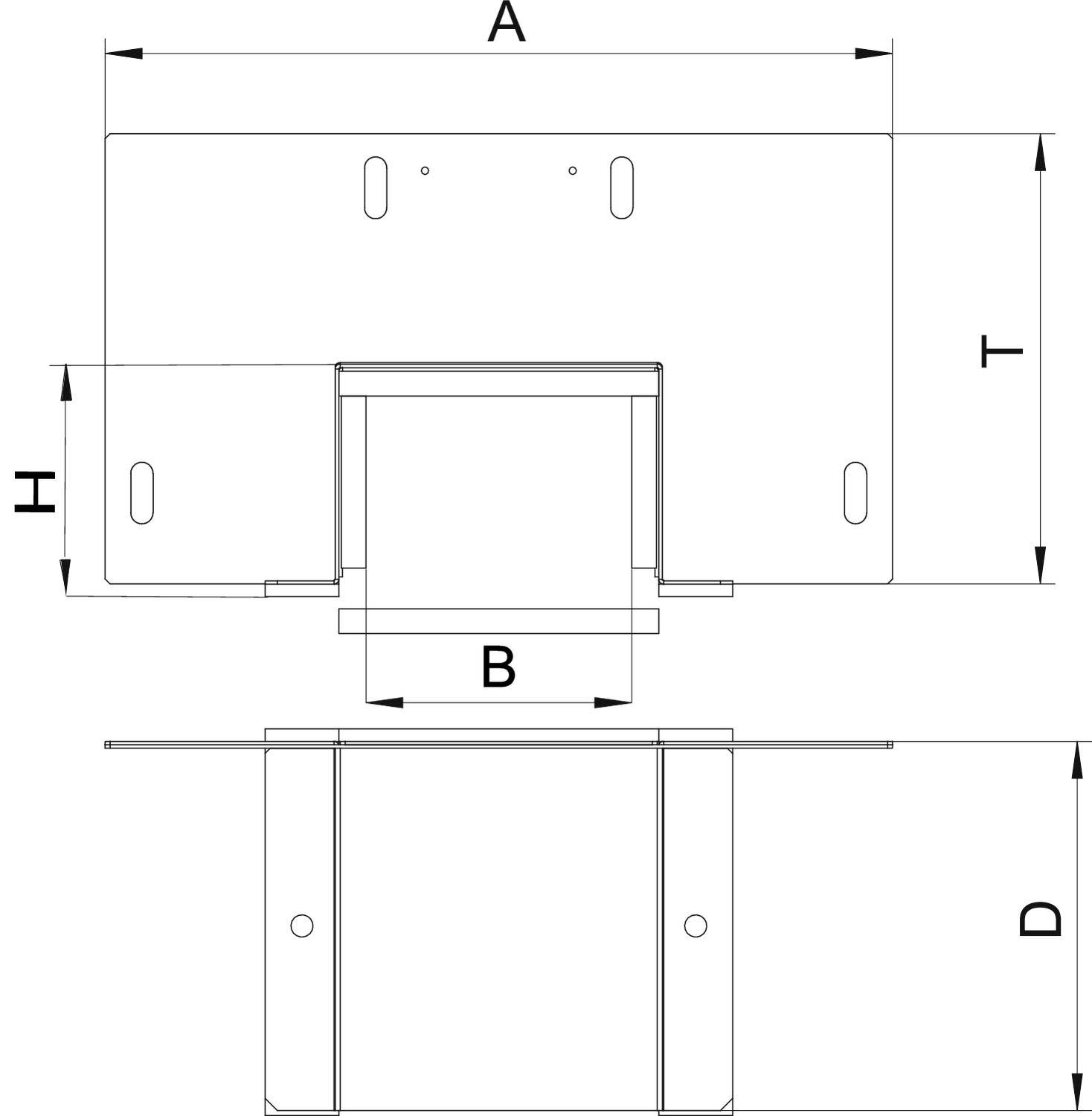 Technische Zeichnung eines rechteckigen Metallteils mit Maßen A, B, H, T, und D, sowie Montagelöchern oben. Draufsicht und Seitenansicht.