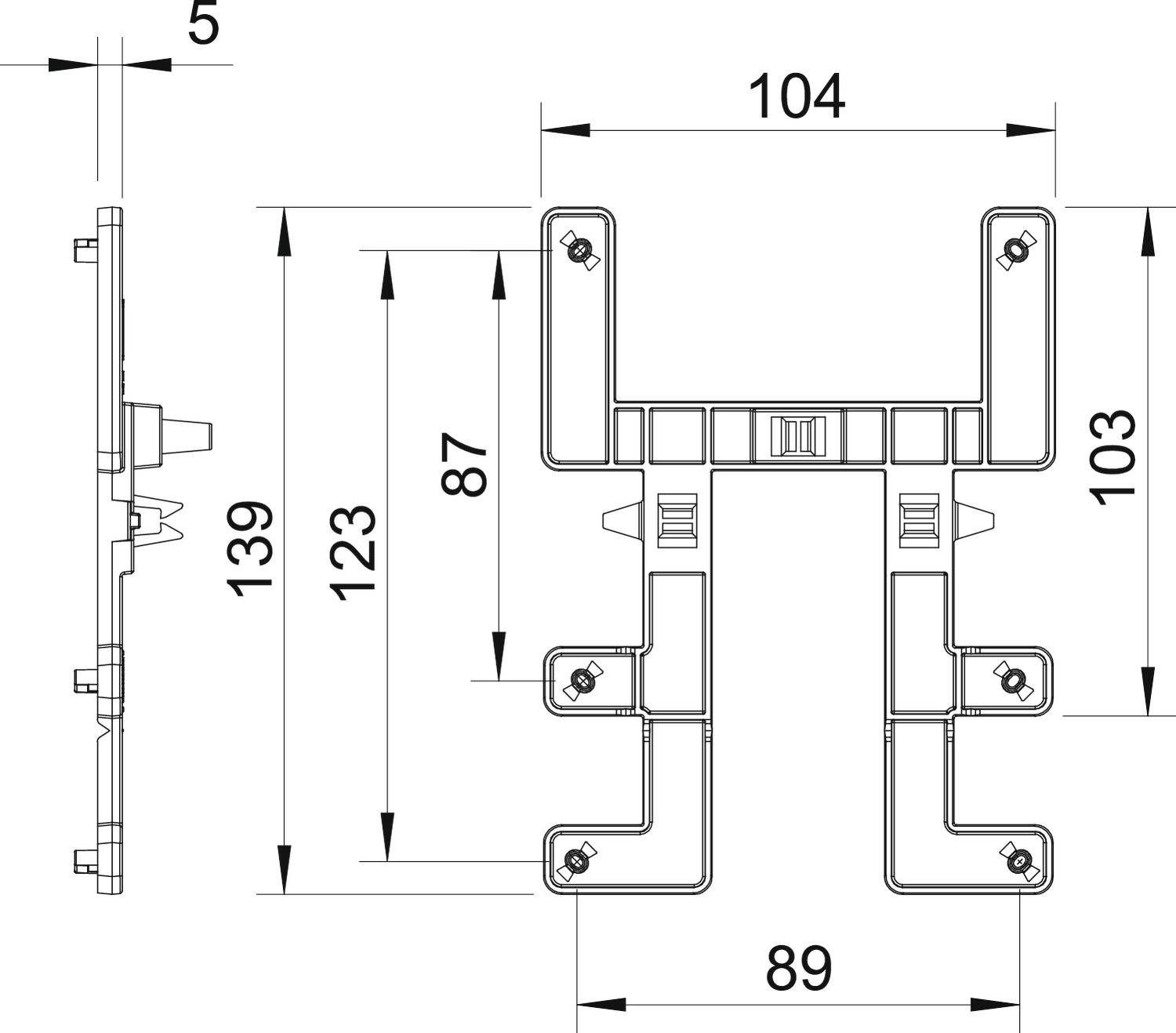 Technische Zeichnung eines Metallprofils mit Maßen: Höhe 139 mm, Breite 104 mm, obere Breite 89 mm. Seitenansicht links zeigt Tiefe von 5 mm.