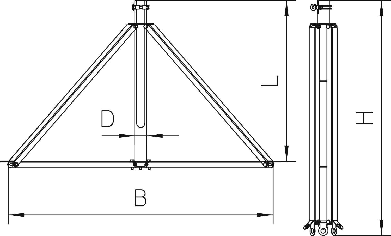 Technische Zeichnung eines dreieckigen Rahmens mit Maßen: Breite 'B', Höhe 'H', Länge 'L', diagonal 'D'. Ansicht von vorn und rechts.