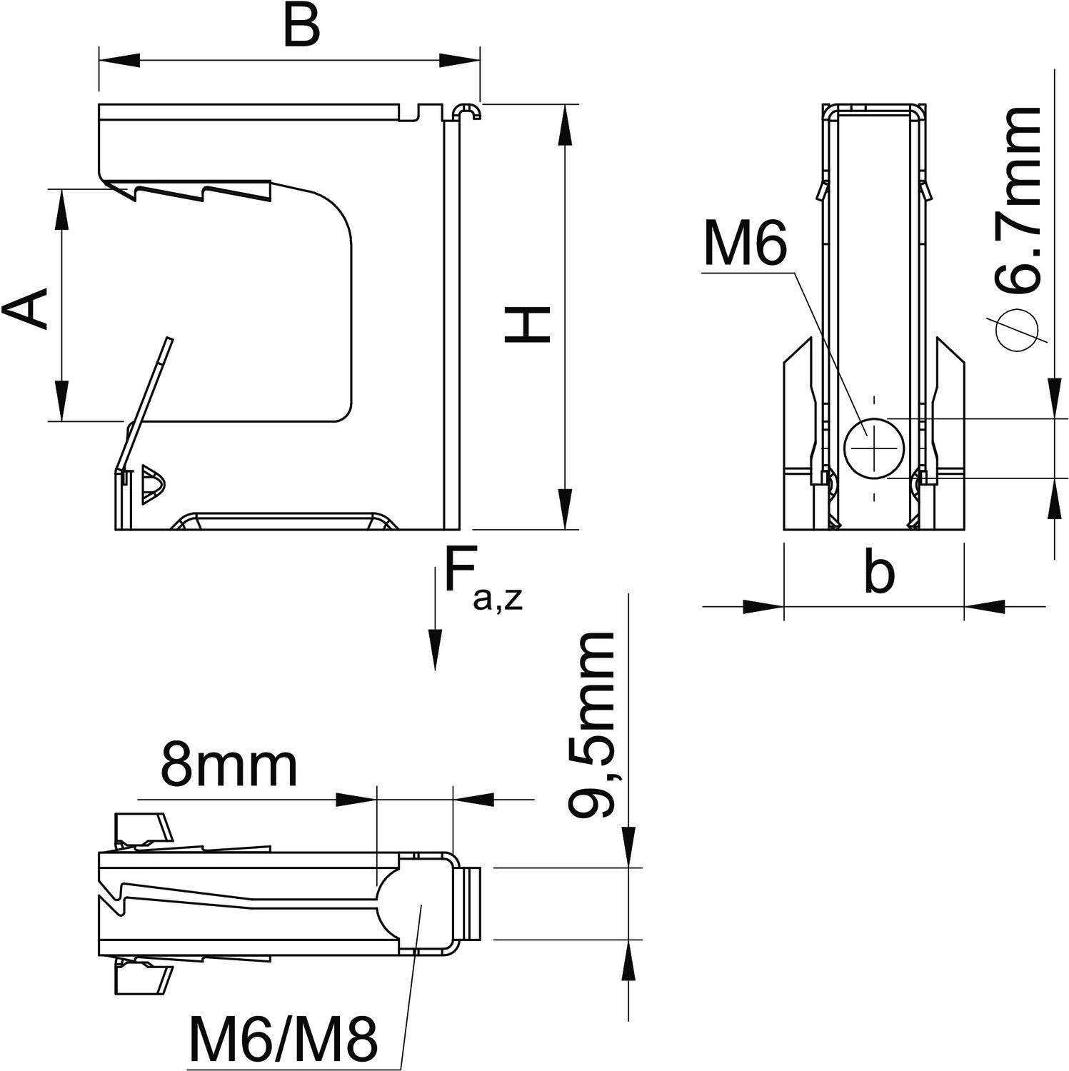 'Technische Zeichnung eines mechanischen Teils mit Maßen: B, H, A, b, 8 mm, 9,5 mm. M6/M8 Schraubverbindung und 6,7 mm Breite.'