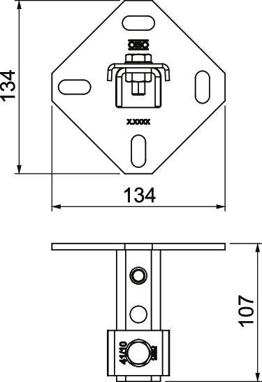 Technische Zeichnung einer rechteckigen Metallplatte mit Befestigungslöchern und Maßen: 134 mm Breite, 107 mm Höhe.