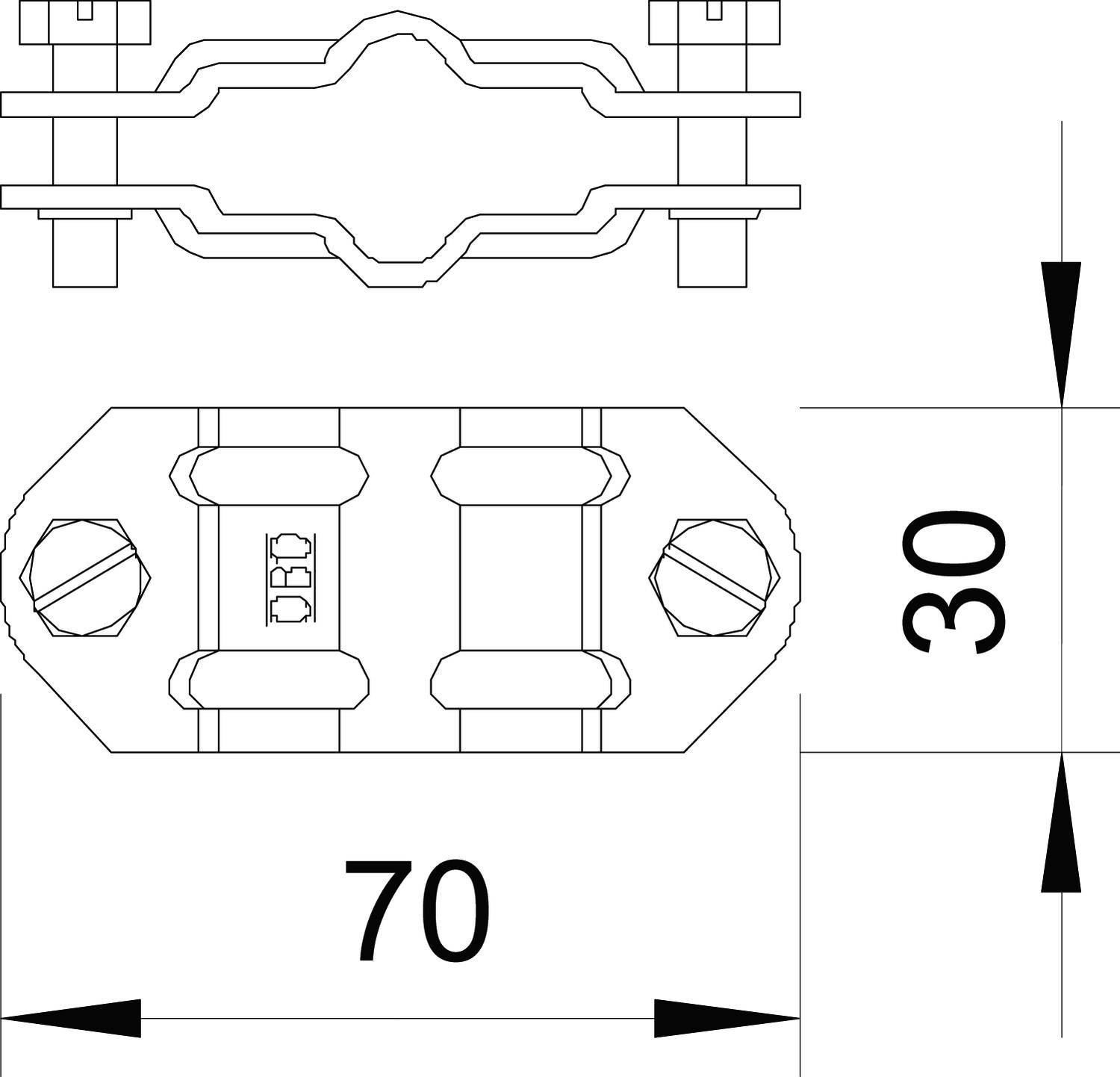 Technische Zeichnung einer Metallklemme mit Maßen: 70 mm Breite, 30 mm Höhe. Oben: Seitenansicht, unten: Draufsicht.