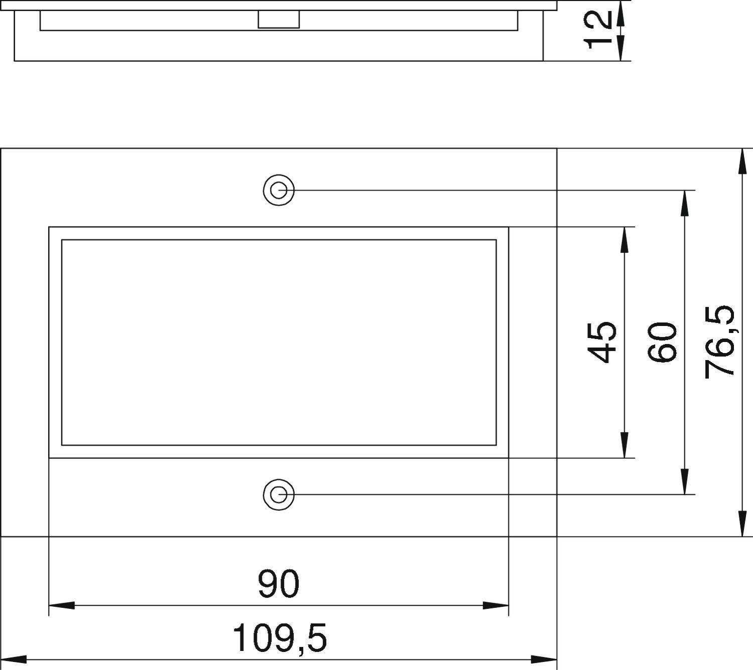 Technische Zeichnung eines rechteckigen Geräts mit Abmessungen: 109,5 x 76,5 mm. Zentrierte Öffnungen oben und unten; Maße: 90 mm x 45 mm.