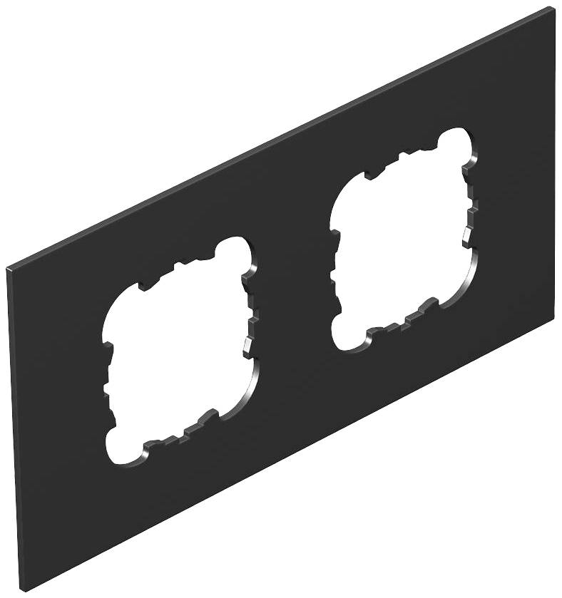 Eine schwarze, rechteckige Steckdosenabdeckung mit zwei runden Aussparungen für Steckdosen.