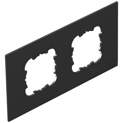 Eine schwarze, rechteckige Steckdosenabdeckung mit zwei runden Aussparungen für Steckdosen.