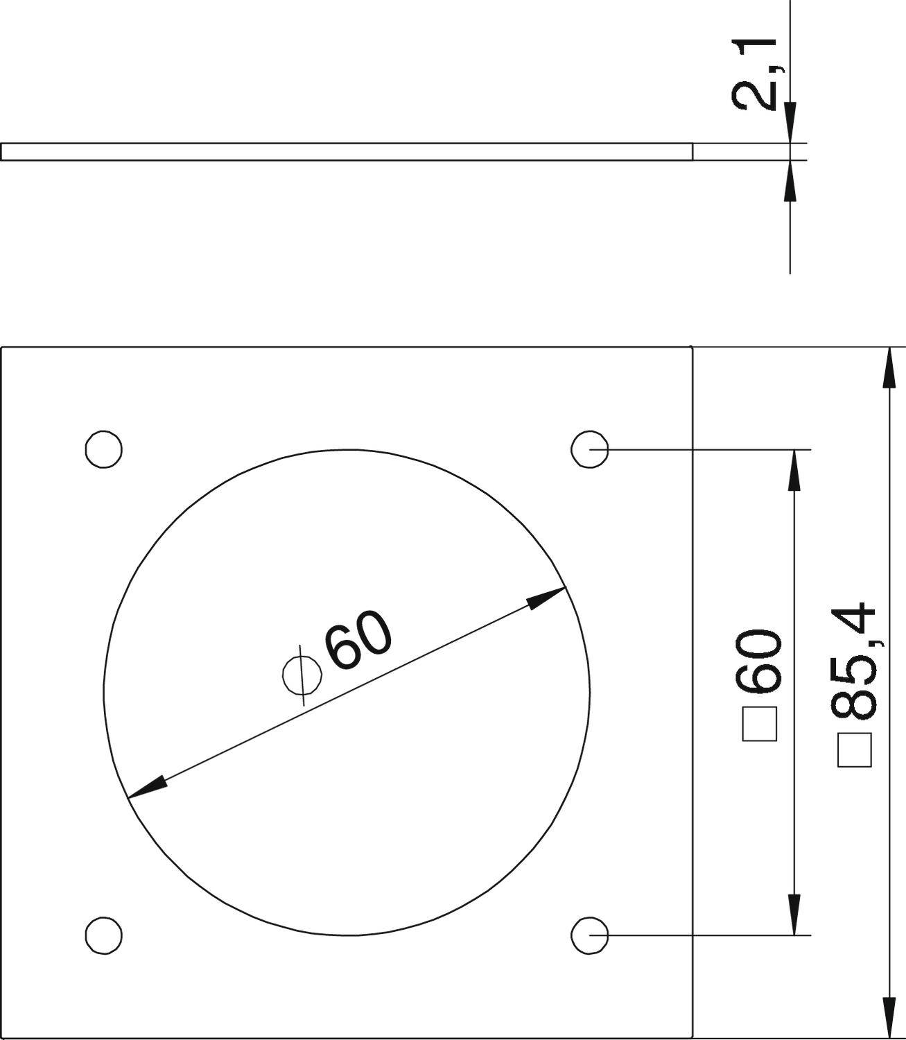 Technische Zeichnung eines quadratischen Flansches mit zentralem Loch von 60 mm Durchmesser. Maße 85,4 mm und 60 mm angegeben.