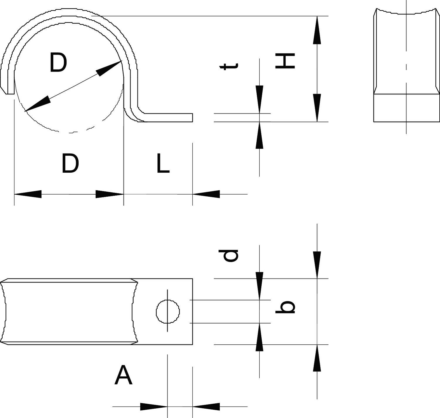 Technische Zeichnung einer Rohrschelle mit Bemaßungen: Durchmesser (D), Länge (L), Höhe (H), Dicke (t), Bohrung (d), Breite (b), Abstand (A).