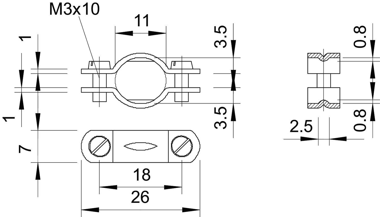 Technische Zeichnung eines Rohrschellenanschlusses: Maße 26x18, Schrauben M3x10, verschiedene Durchmesser und Abstandswerte angegeben.