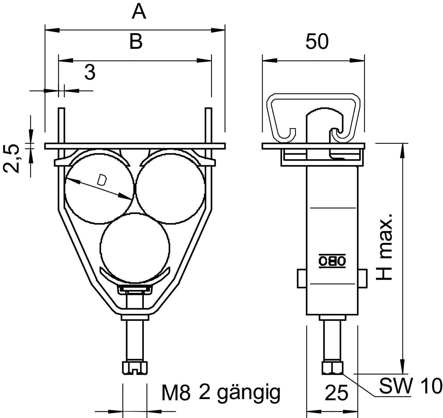 Technische Zeichnung einer Kabelabzweigklemme mit Maßen: Breite 'A', Tiefe 'B', Höhe 'H max.', Schraube 'M8', Steckerschlüsselweite 'SW 10'.