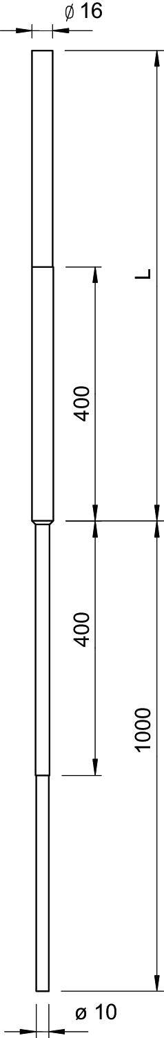 Technische Zeichnung eines Stabs mit Maßen: Gesamtlänge 1000 mm, zwei Abschnitte von 400 mm, Durchmesser oberer Teil 16 mm, unterer Teil 10 mm.