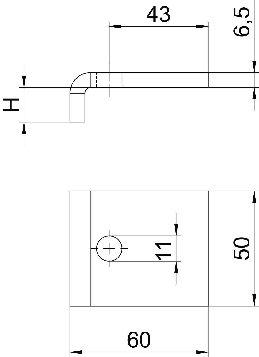 Technische Zeichnung eines Metallwinkels. Oben: seitliche Ansicht mit Maßen 43 mm Länge, 6,5 mm Höhe. Unten: Frontansicht mit Maße 60 mm Breite, 50 mm Höhe, 11 mm Lochdurchmesser.