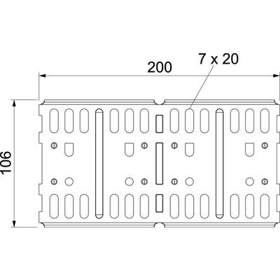 Technische Zeichnung eines rechteckigen Metallblechs mit Maßen 200 x 106 mm und mehreren ovalen und runden Löchern.