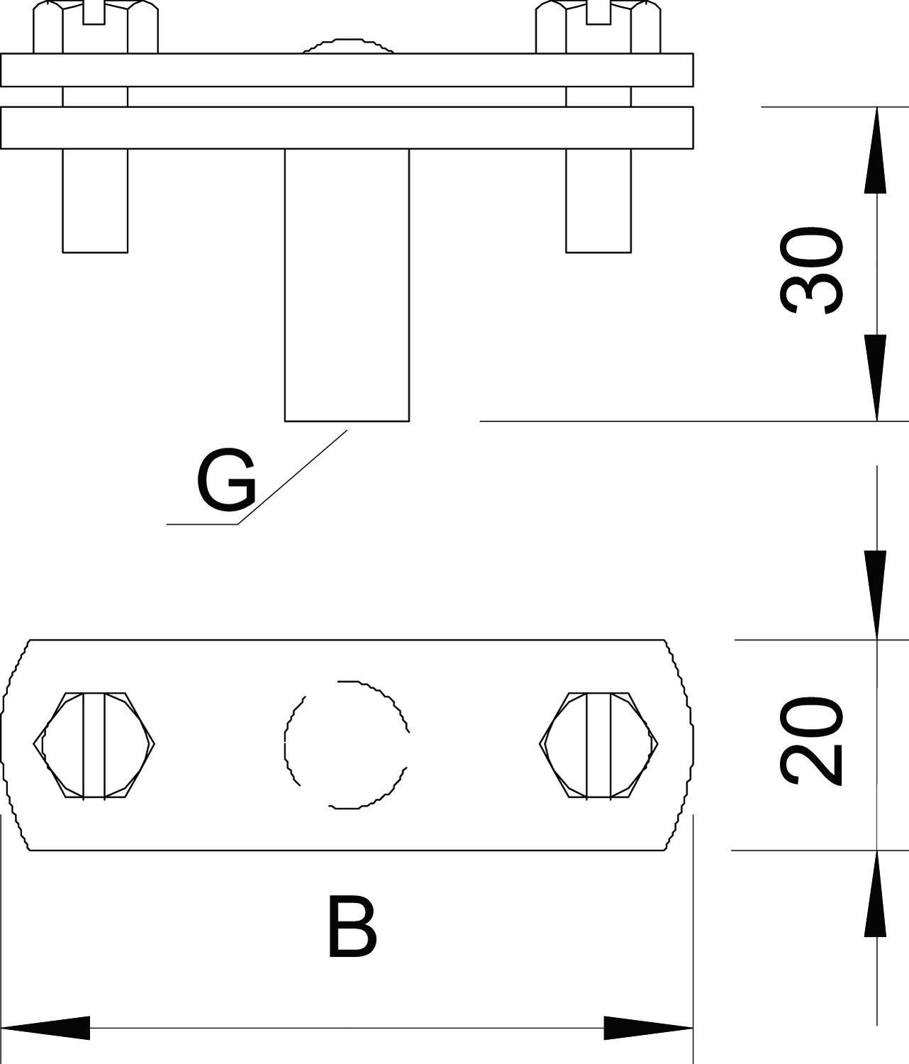 Technische Zeichnung einer Halterung mit den Maßen: Höhe 30 mm, Breite 20 mm. Beschriftung des unteren Elements als 'G', Breite als 'B'.