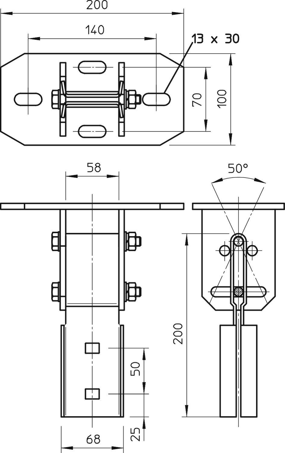 Technische Zeichnung eines Metallhalters mit Maßen: Gesamtlänge 200 mm, Breite 58 mm, Höhe 100 mm. Zeigt Befestigungs- und Perspektivansicht.