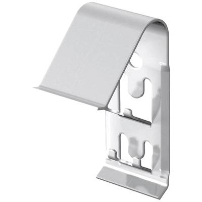 Ein einzelner weißer Metallclip mit einer abgerundeten oberen Kante und zwei Haken, geeignet zur Befestigung an einer flachen Oberfläche.