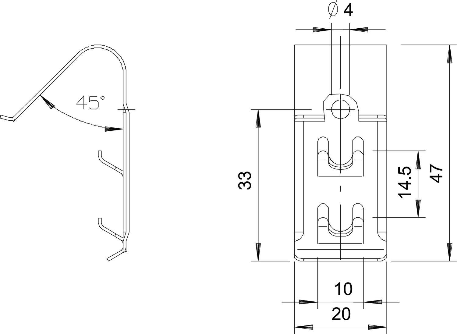 Technische Zeichnung eines Clips mit Maßen: Gesamthöhe 47 mm, Breite 20 mm, Höhe seitlicher Teil 33 mm, Durchmesser 4 mm, Winkel 45°.