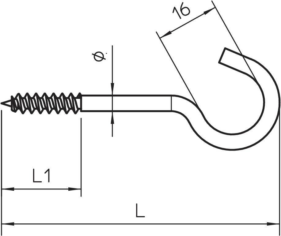 Zeichnung eines Schraubhaken mit Maßen: Länge (L), Schaftlänge (L1), Durchmesser (ø), und Innenbreite von 16 mm.
