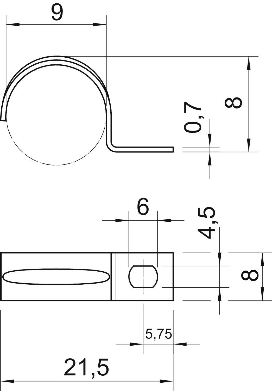 Diagramm einer Metallklammer mit Maßen: Biegeradius 9 mm, Gesamthöhe 8 mm, Breite 21,5 mm, Lochdurchmesser 6 mm.