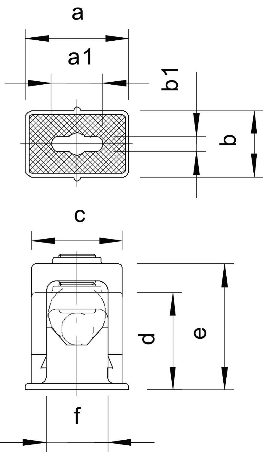 Technische Zeichnung eines Steckverbindergehäuses mit Maßangaben: 'a', 'a1', 'b', 'b1', 'c', 'd', 'e', 'f'. Zeigt Front- und Seitenansicht.