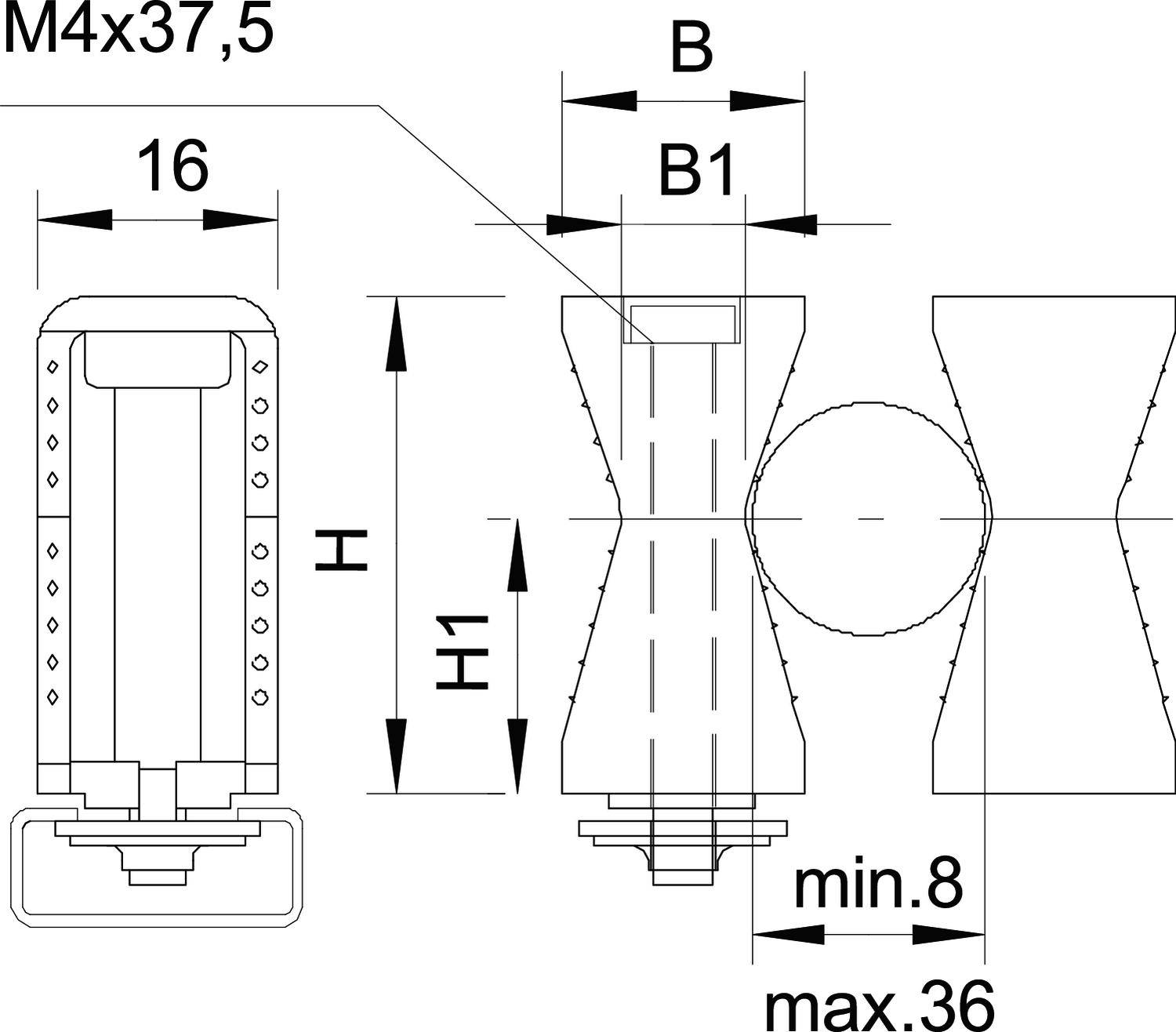 Technische Zeichnung eines M4x37,5 Befestigungselements. Verschiedene Maße und Pfeile zeigen die Dimensionen B, B1, H und H1.