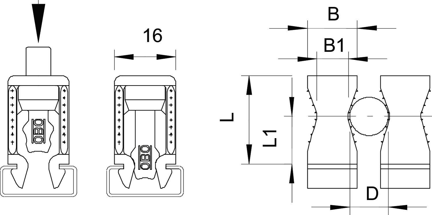 'Technische Zeichnung zweier Verbindungselemente mit Bemaßungen. Links Maße 16; rechts Maße B, B1, L, L1, D.'