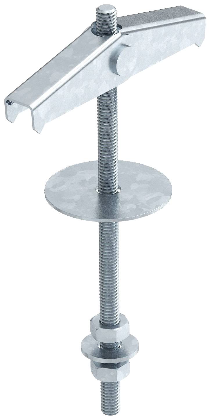 Metallbolzen mit Gewinde, Muttern und festem flachem Hakenoberteil, üblicherweise zur Befestigung oder Stabilisierung von Materialien verwendet.