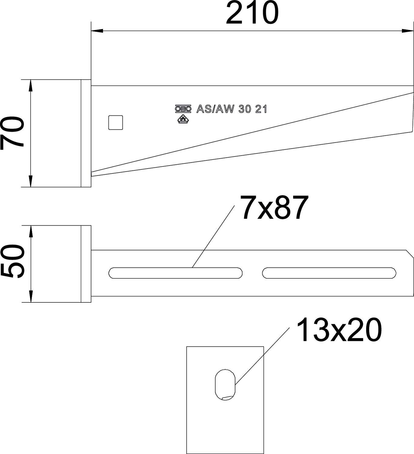 Technische Zeichnung eines Bauteils mit den Maßen 210x70 mm. Seitliche Ansicht zeigt Bohrungen: 7x87 mm und 13x20 mm markiert.