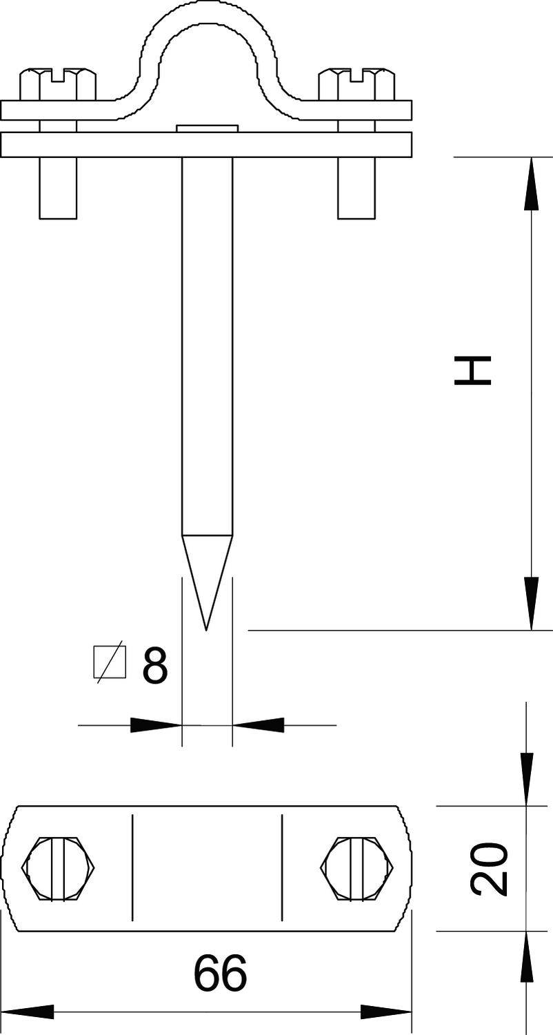 Technische Zeichnung zeigt eine Klammer mit Bolzen, oben sind zwei Schrauben, Maße von 66 mm Breite und 20 mm Höhe.