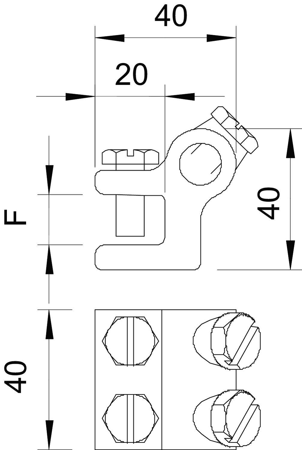 Technische Zeichnung eines elektrischen Kabelschuhs mit Maßangaben: Breite 40 mm, Höhe 40 mm und Länge der Schraubenaufnahme 20 mm.