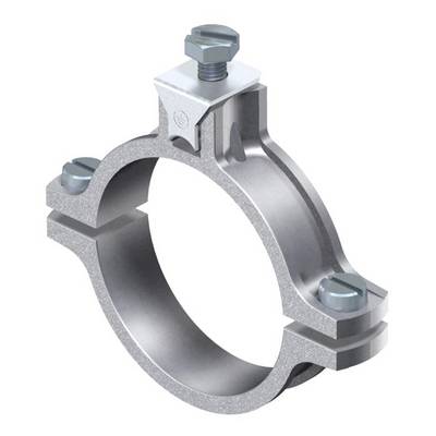 Ein silberner Rohrschelle aus Metall mit vier Schrauben symmetrisch angeordnet.