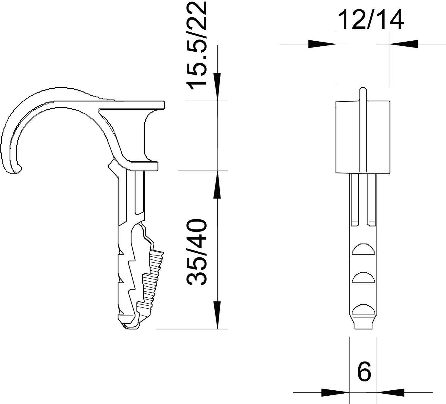 Technische Zeichnung von einem Dübel mit Haken, Maße: Höhe 35/40 mm, Breite 6 mm, Tiefe 12/14 mm, Hakenlänge 15,5/22 mm.