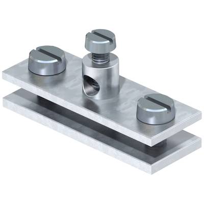 Ein metallischer Befestigungsmechanismus mit drei Schrauben zur Fixierung. Die Konstruktion besteht aus zwei übereinanderliegenden Platten.