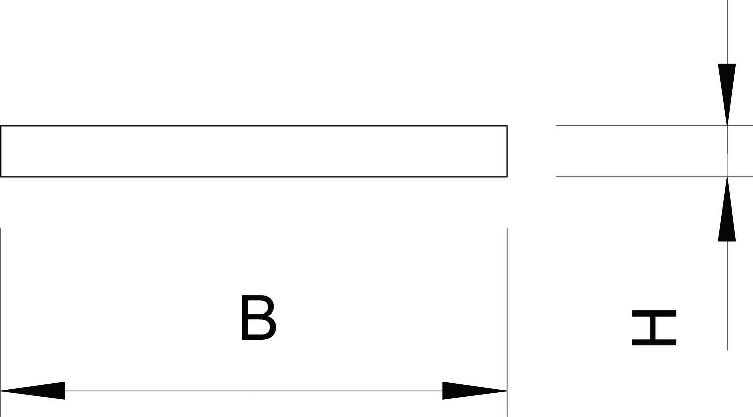 Technische Zeichnung eines Rechtecks mit Beschriftung: Breite ('B') und Höhe ('H'). Pfeile zeigen Breite und Höhe an.