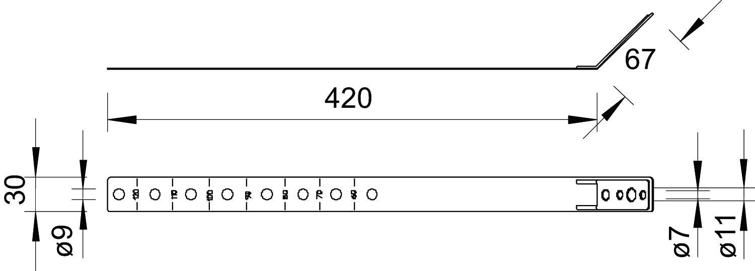 Technische Zeichnung eines Metallbügels mit Maßen: Länge 420 mm, Breite 30 mm. Lochdurchmesser 9 mm. Gebogene Spitze 67 mm lang.
