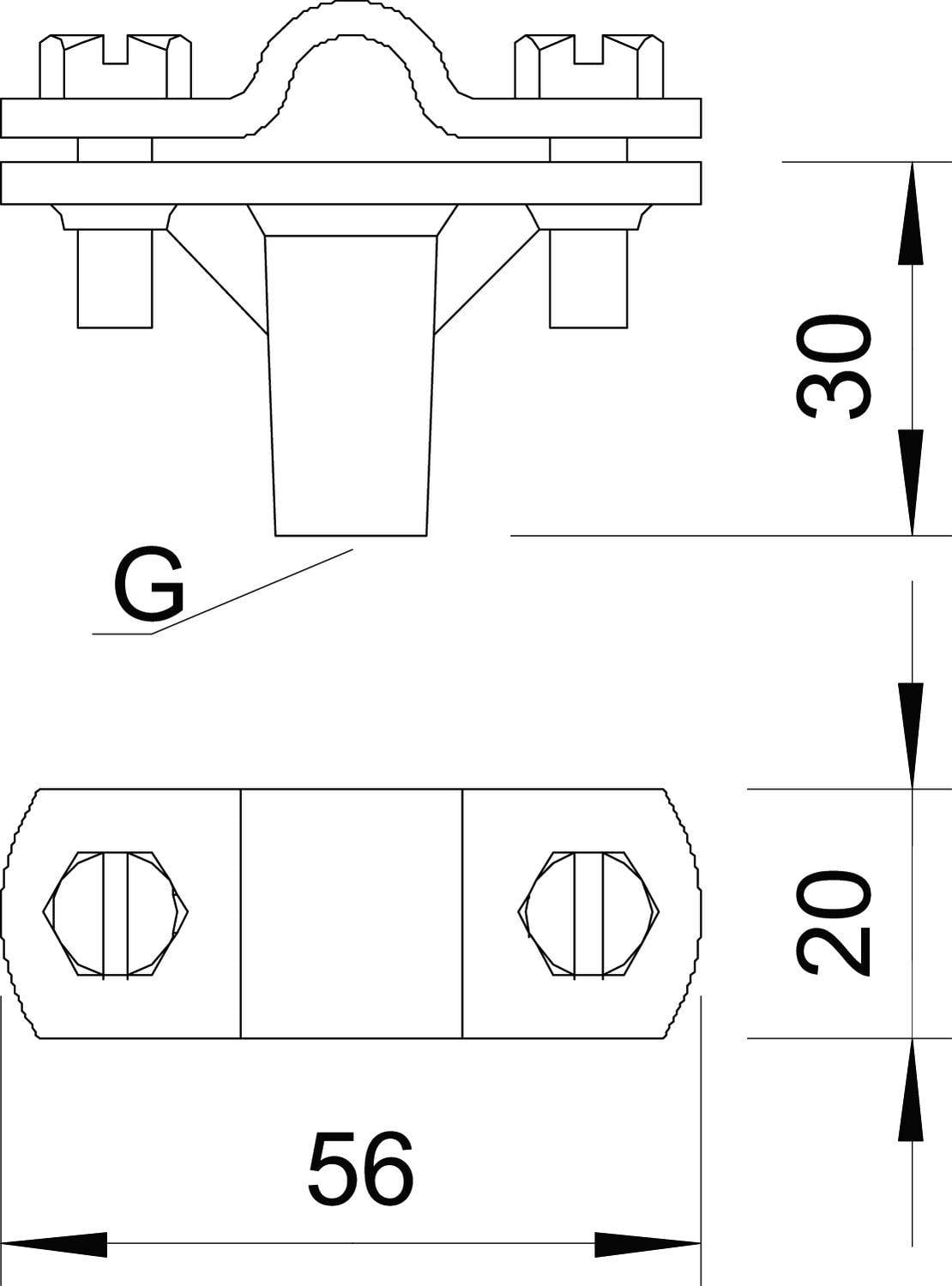 Technische Zeichnung eines Beschlags mit Maßen: Höhe 30 mm, Länge 56 mm, Breite 20 mm, Anschluss 'G'. Ansicht von oben und der Seite.