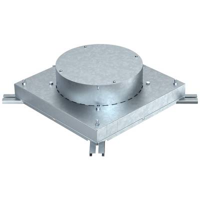 Eine quadratische Metallplattform mit einem zentralen, runden, erhöhten Teil. Sie hat Befestigungsschrauben an den Ecken.