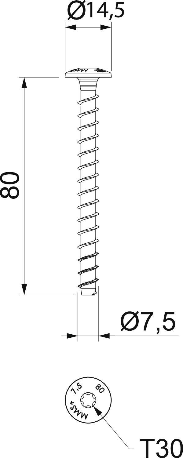 'Diagramm eines Schraubendrehers. Länge: 80 mm, Durchmesser: 14,5 mm, und 7,5 mm. Kopf mit T30-Antrieb und Markierungen bei 0 mm und 80 mm.'