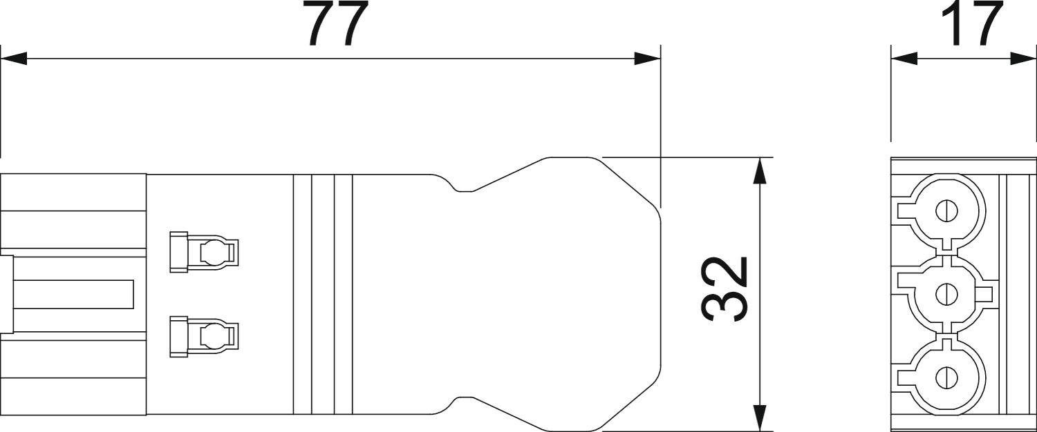 Technische Zeichnung eines Steckverbinders, Maße: Länge 77 mm, Breite 17 mm, Höhe 32 mm, seitliche und frontale Ansicht.
