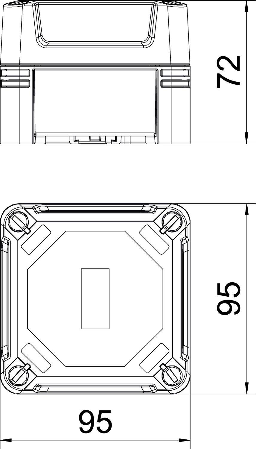Zeichnung eines quadratischen Geräts mit den Maßen 95 x 95 x 72 mm. Obenansicht und Seitenansicht mit markierten Abmessungen.